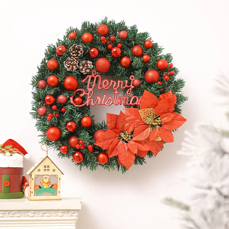 Christmas Door Wreath with Red Ball Flower Ornaments 